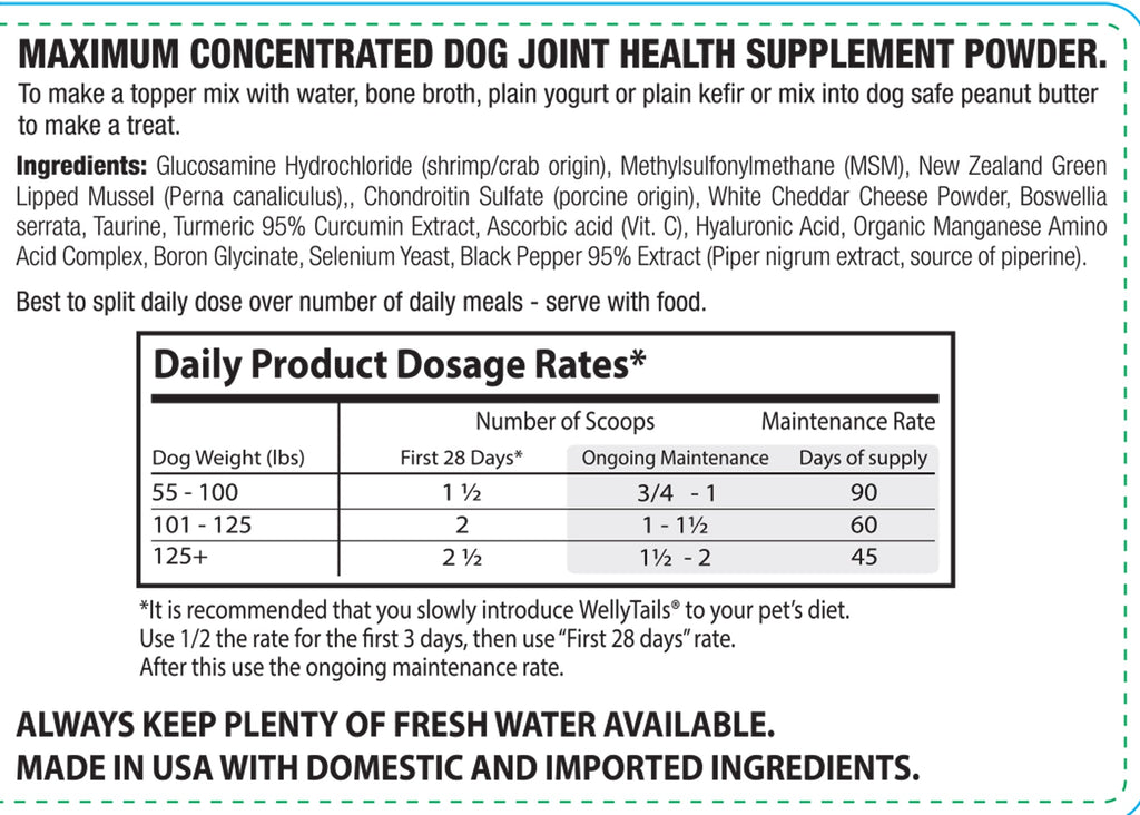 White label with green text and a dosage chart for Maximum Concentrated Dog Joint Health Supplement Powder by WellyTails.