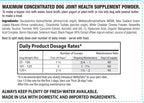 White label with green text and a dosage chart for Maximum Concentrated Dog Joint Health Supplement Powder by WellyTails.