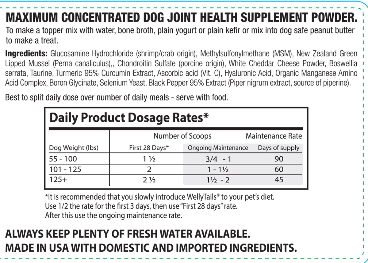 White label with green text and a dosage chart for Maximum Concentrated Dog Joint Health Supplement Powder by WellyTails.