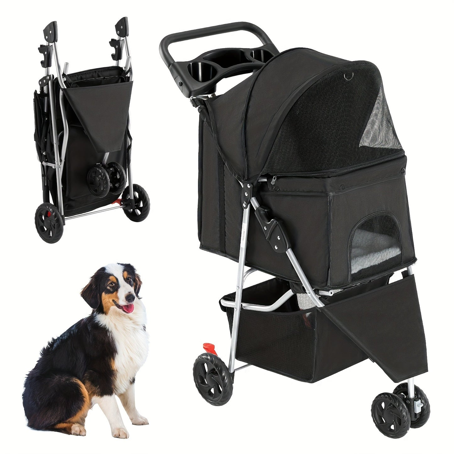 3-Wheel Pet Stroller for Small & Medium Dogs Cats - Foldable Jogger Stroller with Weather Cover, Storage Basket & Cup Holder, Breathable Mesh Window, All-Season Outdoor Walk Pram, Black
