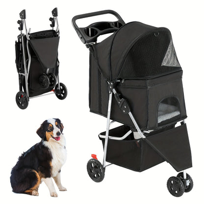 3-Wheel Pet Stroller for Small & Medium Dogs Cats - Foldable Jogger Stroller with Weather Cover, Storage Basket & Cup Holder, Breathable Mesh Window, All-Season Outdoor Walk Pram, Black