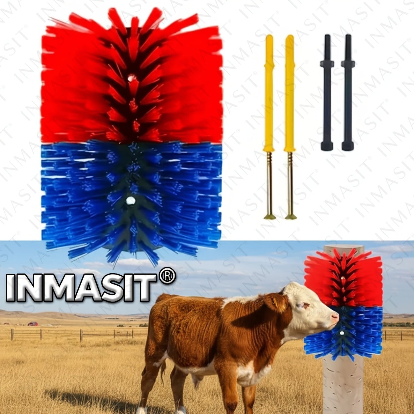 Livestock Grooming Brush Scratcher 8.7" – All-in-One Massage & Itch Relief Tool for Horse, Cow, Goat & Pig | Easy Install with 4 Screws, Battery-Free Stress Reduction, Red/Blue & Yellow/Blue