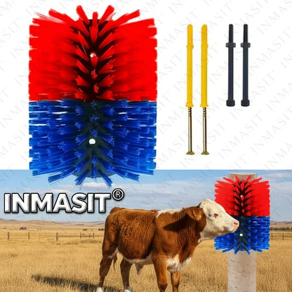Livestock Grooming Brush Scratcher 8.7" – All-in-One Massage & Itch Relief Tool for Horse, Cow, Goat & Pig | Easy Install with 4 Screws, Battery-Free Stress Reduction, Red/Blue & Yellow/Blue