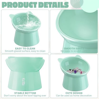 Cat Ear Shaped Raised Cat Bowls Set of 3 - Elevated Feeder Anti-Slip Base Neck Comfort Design, Pink Green Blue Feeding Dish for Cats & Small Pets
