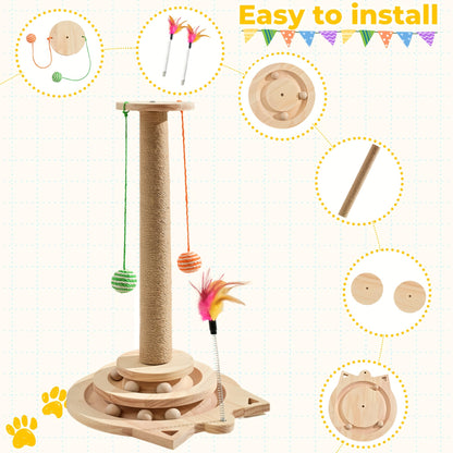 Multi-Level Sisal Cat Scratching Post 4-in-1 with 6 Wooden Balls 2 Hanging Balls & 2 Feather Teaser Toys - Premium Thickened Sisal Anti-Slip Base for Indoor Cats M L XL + Replacement Pillars
