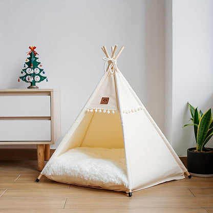 Pet Teepee Bed with Cushion – Linen Fabric Cat & Dog Tent, Dome-Shaped All-Season Indoor Outdoor House, Padded & Sturdy Frame for Small to Medium Pets, Easy Clean (Small or Large, White or Creamy-White)