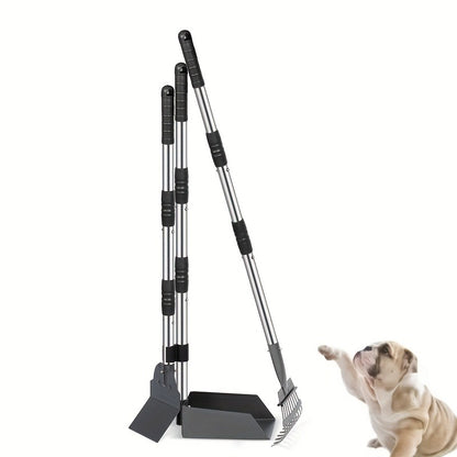 Dog Pooper Scooper Set - Stainless Steel Tray & Rake with Adjustable Long Handle, Rust-Proof Durable Pet Waste Removal Tool, Easy to Clean, Ideal for All Dog Breeds, Yard & Outdoor Use