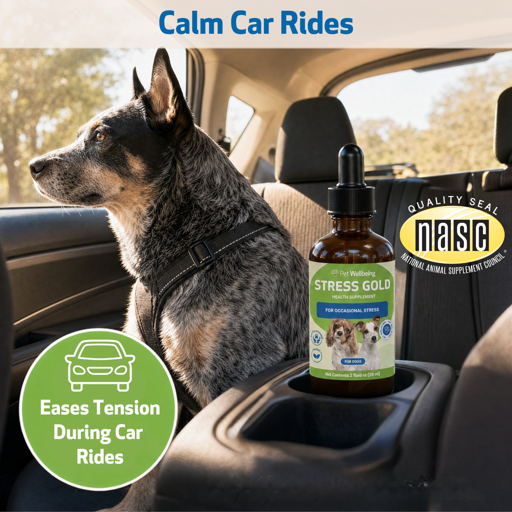 Dog calming supplement for occasional stress support during travel, loud noises, vet visits, and changes
