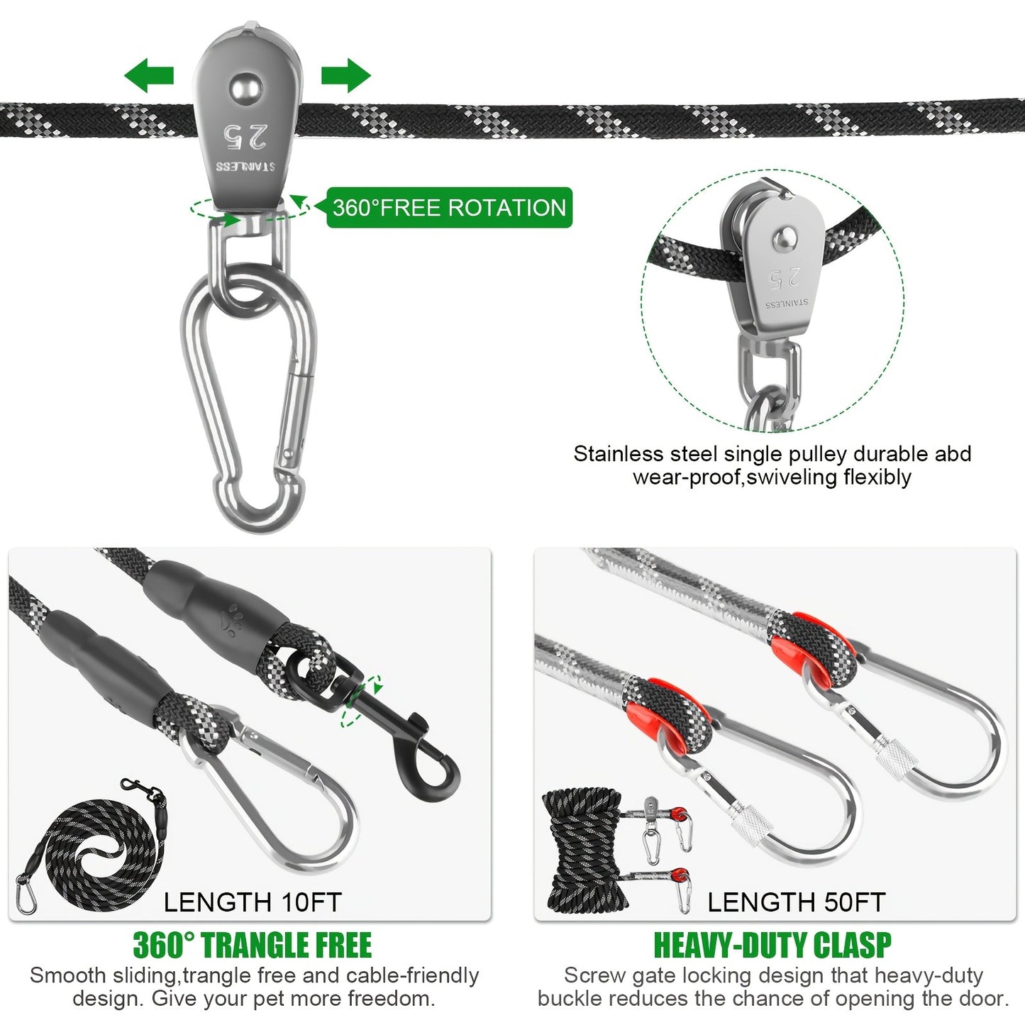 Overhead Dog Trolley System 75ft - Heavy Duty Reflective Cable Runner, Supports Up to 200lbs, Portable Easy Setup for Yard, Park, Camping & Hiking, Black & Blue, Outdoor Dog Run