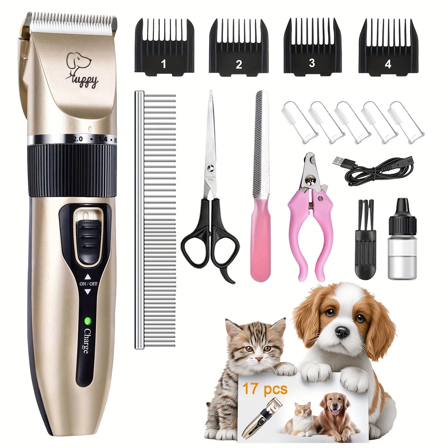 12-in-1 Pet Hair Trimmer Kit USB Rechargeable - Professional Cordless Electric Clippers for Dogs Cats Puppies Kittens, Adjustable Blade 5 Guide Combs Nail Clipper Scissors, Silent Home Grooming Set