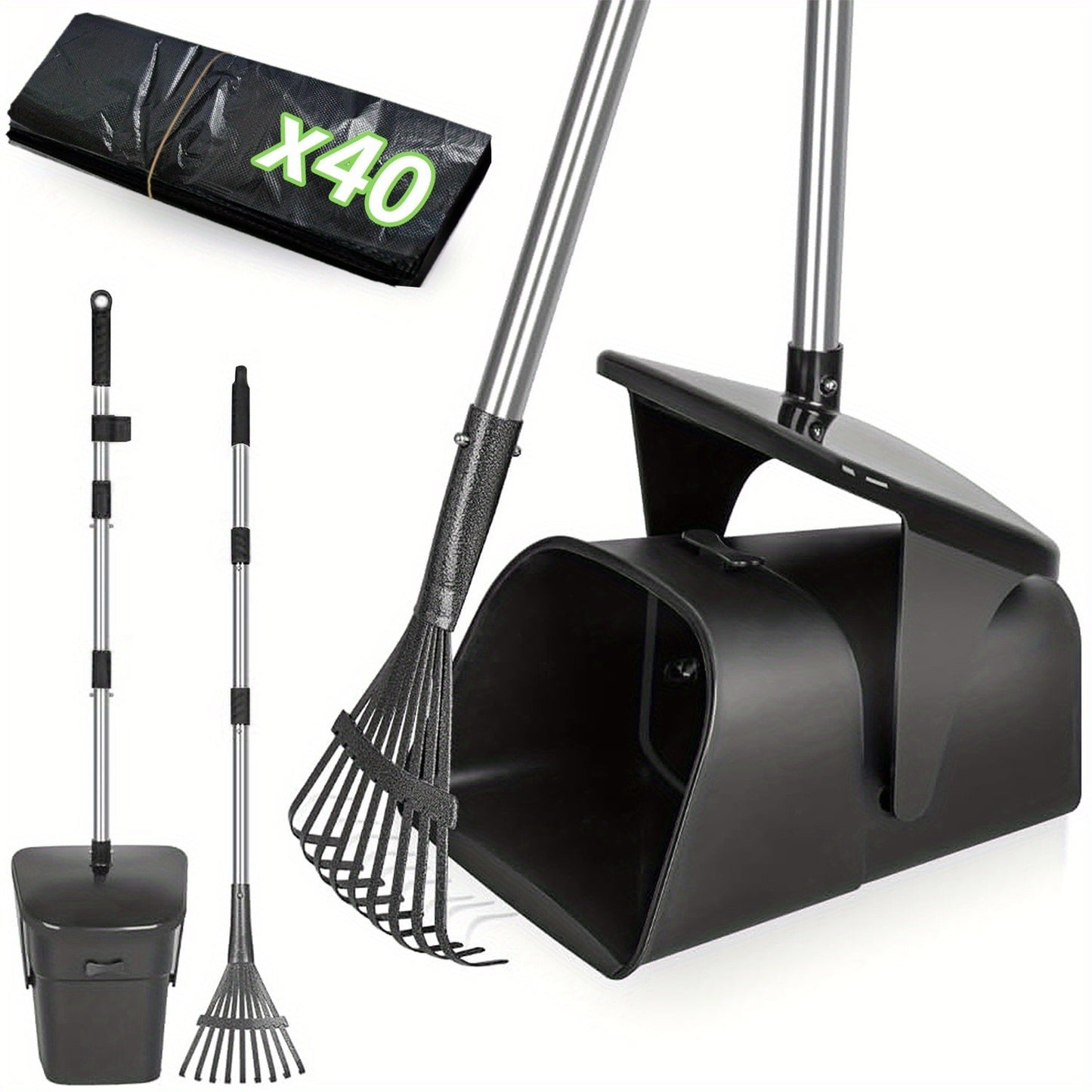 Dog Pooper Scooper with Long Handle & Swivel Bin - Heavy Duty Rake Spade Set, 40 Waste Bags Included, Pet Waste Removal for Yard Grass Gravel