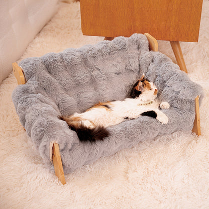 Raised Solid Wood Pet Couch Bed Elevated Modern Cat & Dog Sofa Chair 27x18x12 Inch - Thick Wide Wood Frame Space-Saving Cozy Pet Furniture for Cats & Small Dogs in White & Grey