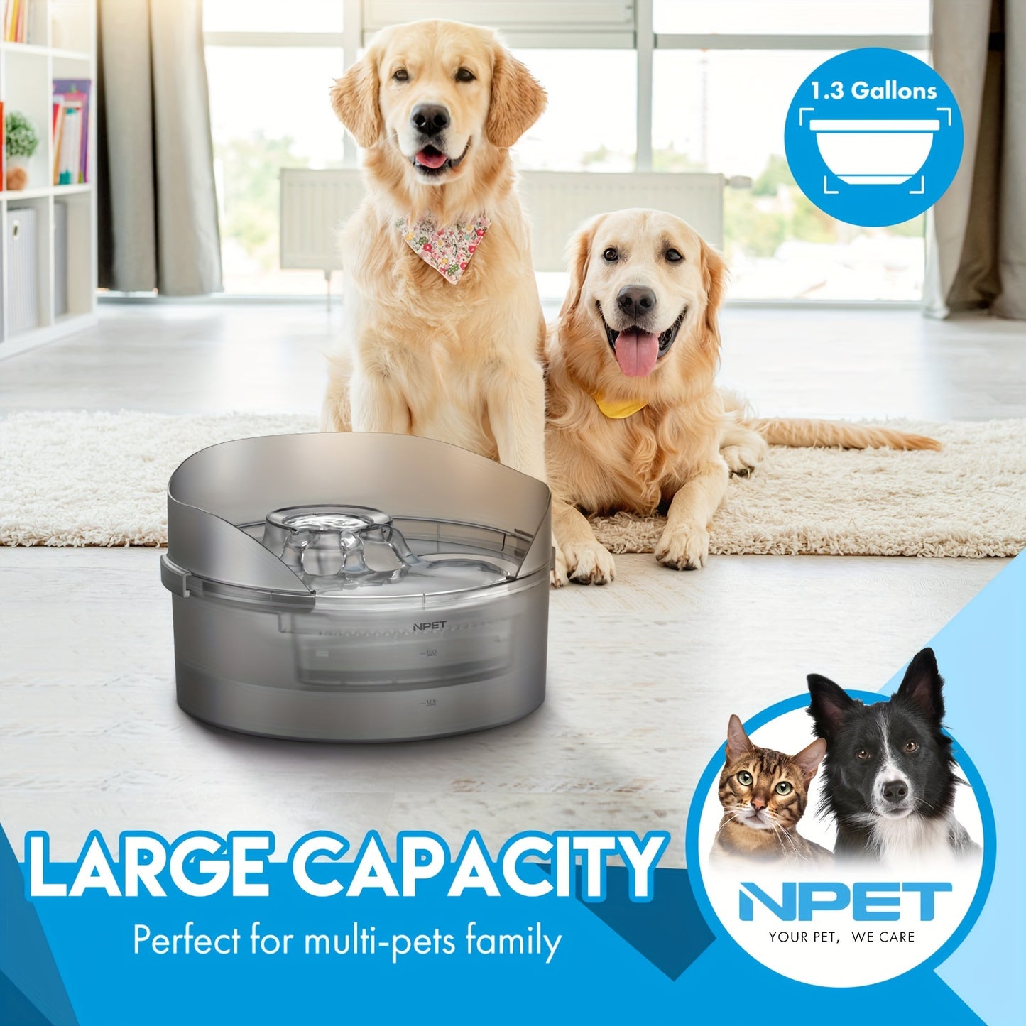 Dog Water Fountain Bowl Dispenser - 1.3Gal/5L & 2Gal/8L Large Capacity, Automatic Flowing Design, Splatter Guard, Replacement Filters Included, Low Voltage, Suitable for Dogs & Multiple Pets, NPET
