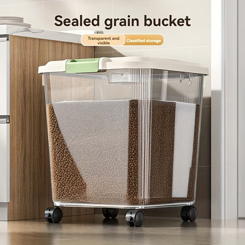 Transparent Pet Food Storage Container with Wheels – Large Capacity Moisture-Proof Bug-Proof Visible Food Level, Includes Measuring Cup, for Cats & Dogs