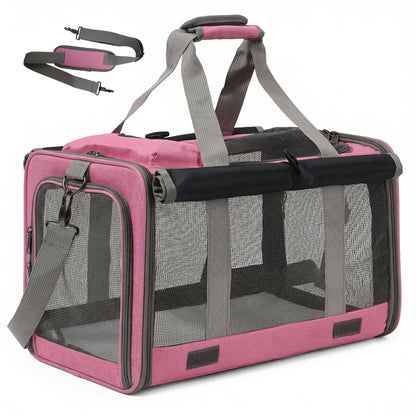 Airline Approved Pet Carrier Soft Sided Collapsible for Cats & Small Dogs - Breathable Oxford Cloth Travel Bag with Zipper Closure, Privacy Cover & Combo Set with Collar Leash Harness, Blue Pink Grey Green Beige
