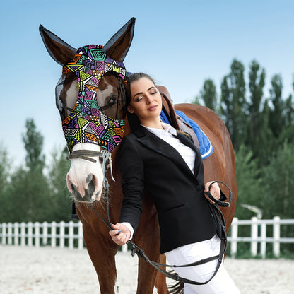 Horse Fly Mask with Ears 6-Pack – Soft Elastic Breathable Face Covering for Horses | Smooth Comfortable Fit, Geometric Pattern, Medium Size, Equine Riding Supplies & Fly Protection