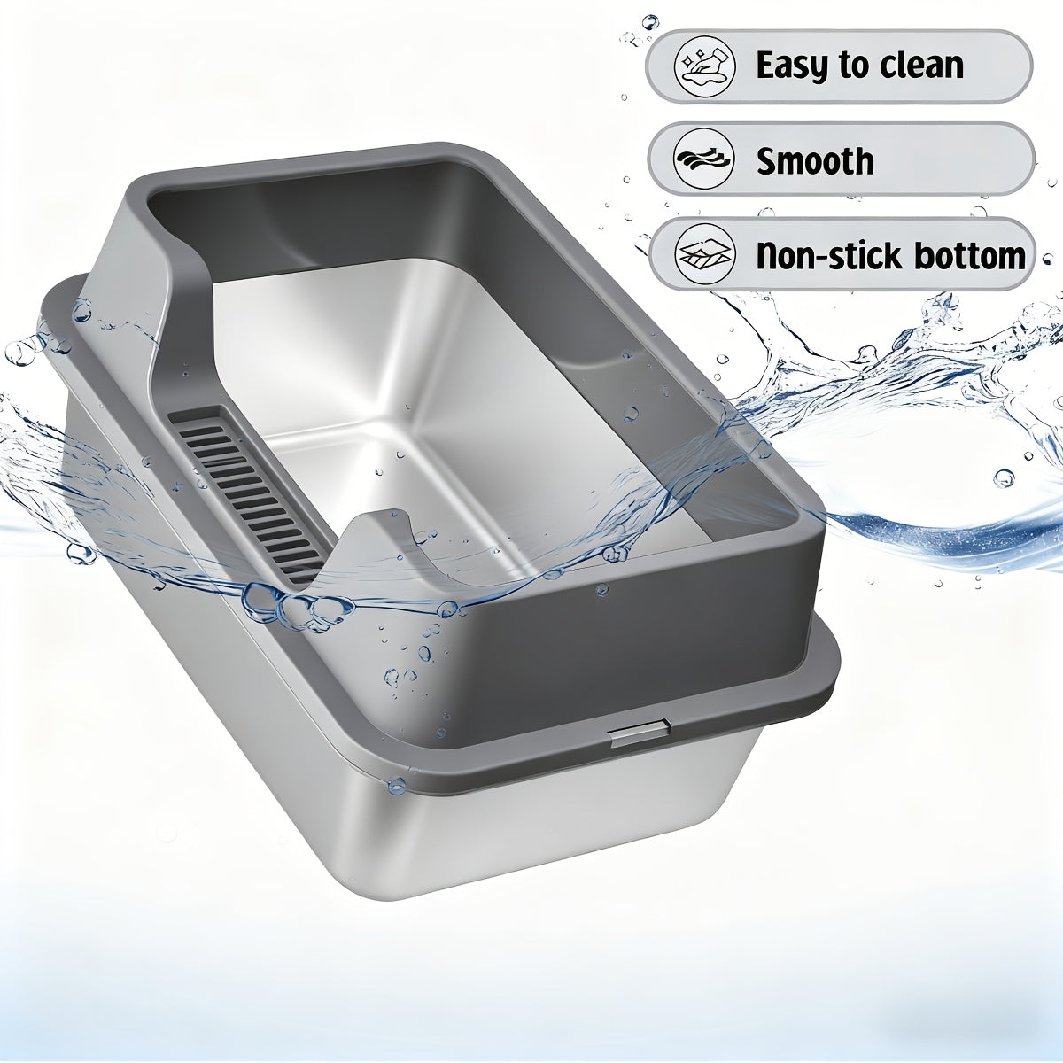 Stainless Steel Cat Litter Box with Scoop - High-Wall Semi-Enclosed Design, Non-Stick Easy Clean Surface, Anti-Leakage Odor Control, 2 Sizes for Kittens & Multiple Cats, Modern Metal Pet Toilet