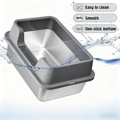 Stainless Steel Cat Litter Box with Scoop - High-Wall Semi-Enclosed Design, Non-Stick Easy Clean Surface, Anti-Leakage Odor Control, 2 Sizes for Kittens & Multiple Cats, Modern Metal Pet Toilet