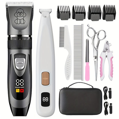 Pet Grooming Kit with Quiet Rechargeable Clippers - Cordless Electric Shaver & Complete Tool Set for Dogs and Cats, Low Noise Home Grooming with Digital Display Option