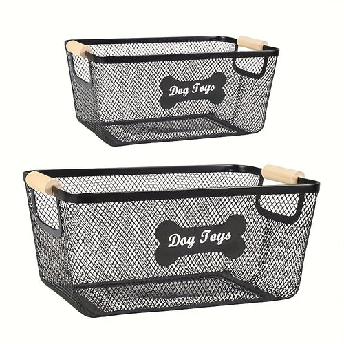Metal Dog Toy Storage Basket Set with Wooden Handles – 2-Pack Mesh Wire Organizer Bin for Dog Toys, Collars, Blankets & Accessories