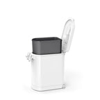 Angled view of Simplehuman Medium Pet Food Can, White, open showing removable liner and scoop holder.