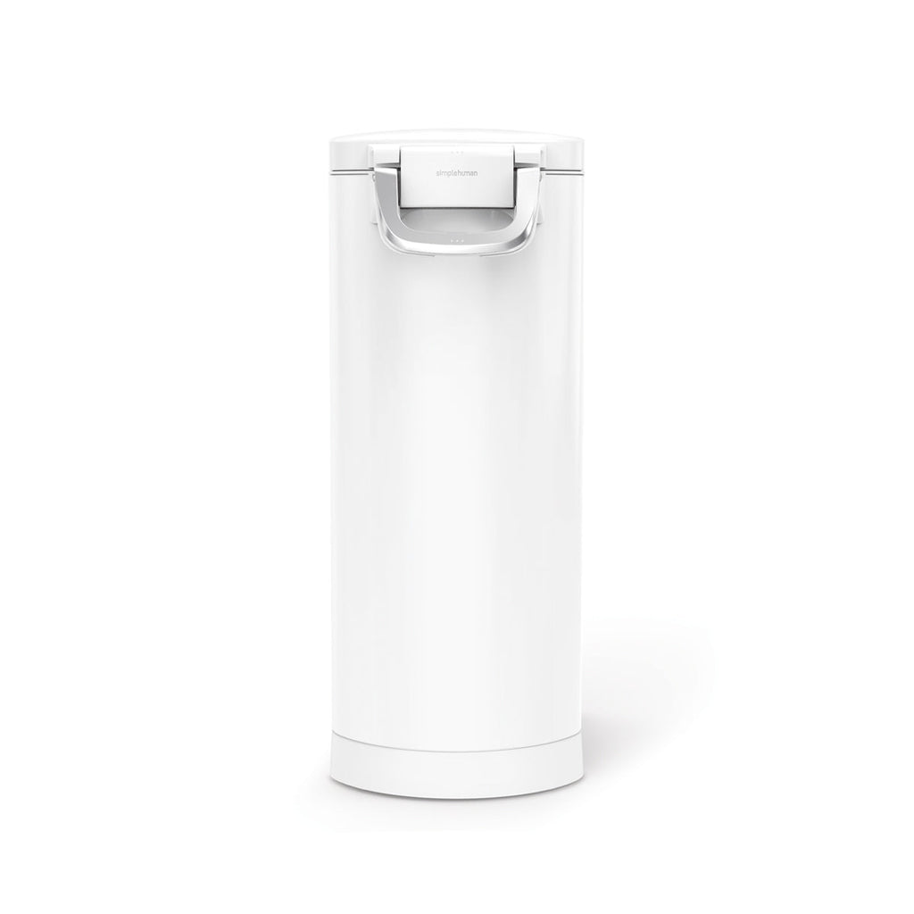 Isolated front view, Simplehuman X-Large Pet Food Can, White, featuring an airtight locking handle.
