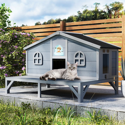 Outdoor Cat House Wooden Weatherproof Feral Cat Shelter with Deck, Elevated Legs & 2 Escape Doors – Large Indoor Outdoor Catio for 1-3 Cats, Rabbits & Small Animals, Grey