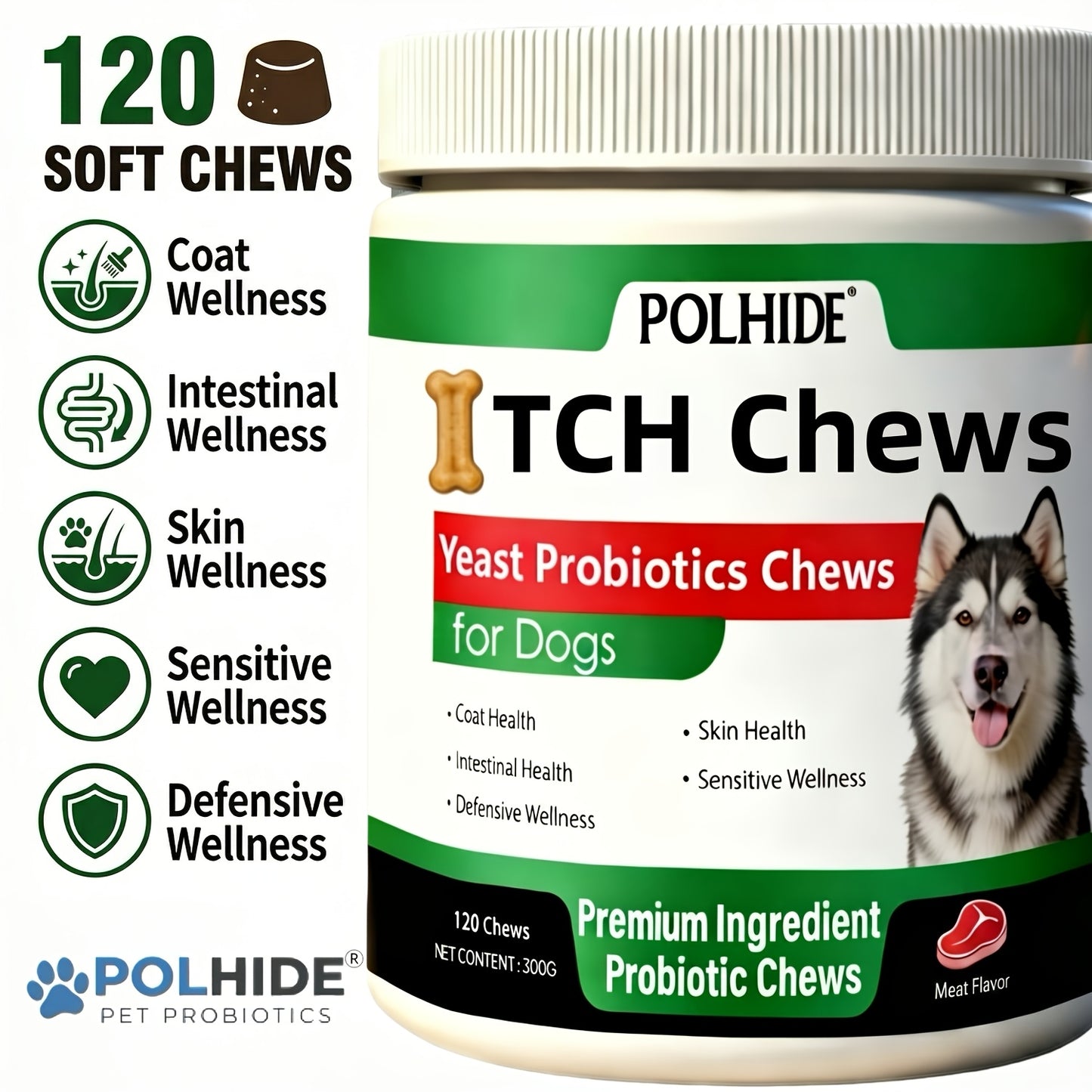 Dog Probiotic Chews 120 Count Heart-Shaped Soft Chews with Yeast & Meat Flavor | Supports Gut Health Coat & Immunity | All Breeds All Ages | 120-Day Supply Pet Digestive Supplement Daily Wellness Chew