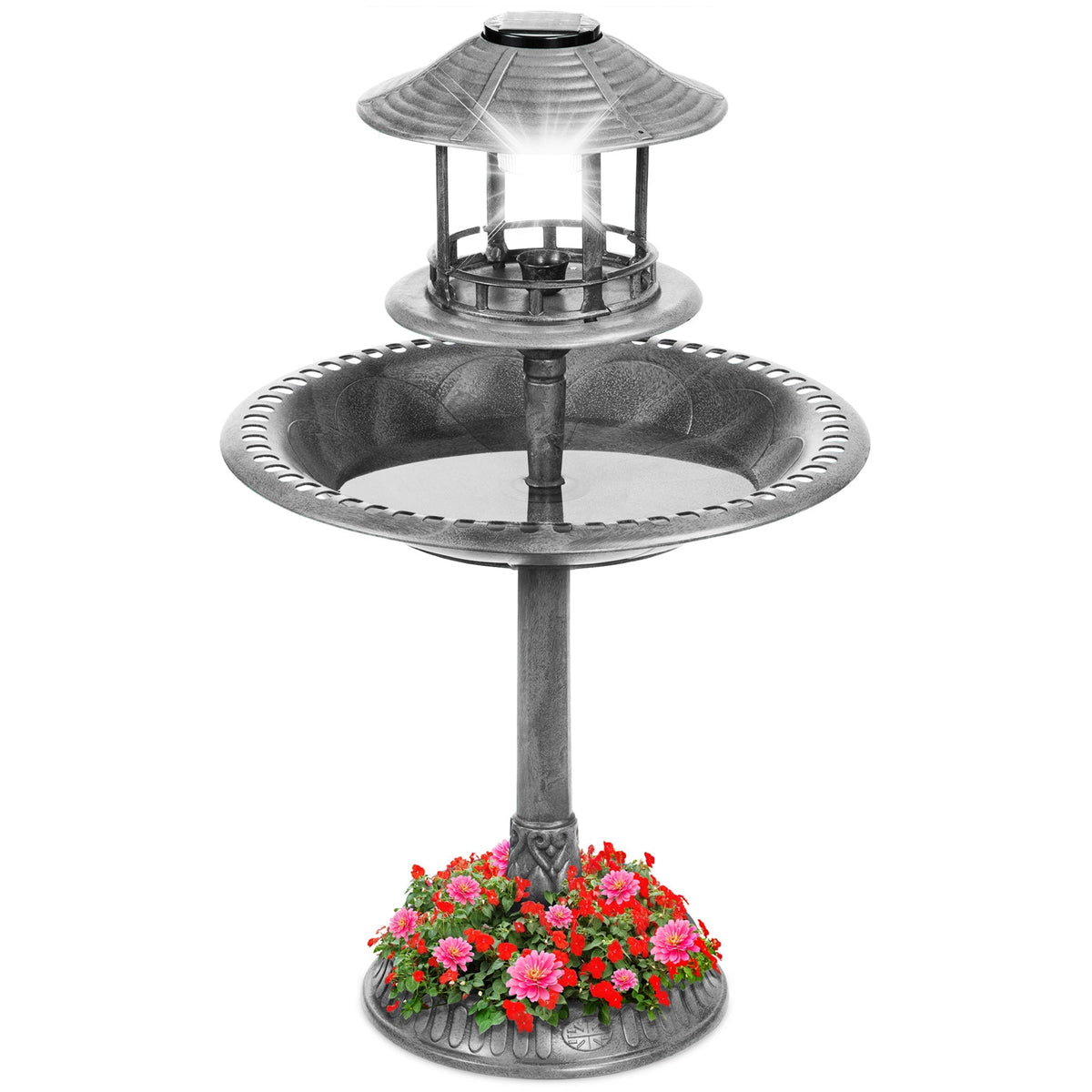 Solar Lighted Pedestal Bird Bath Stone