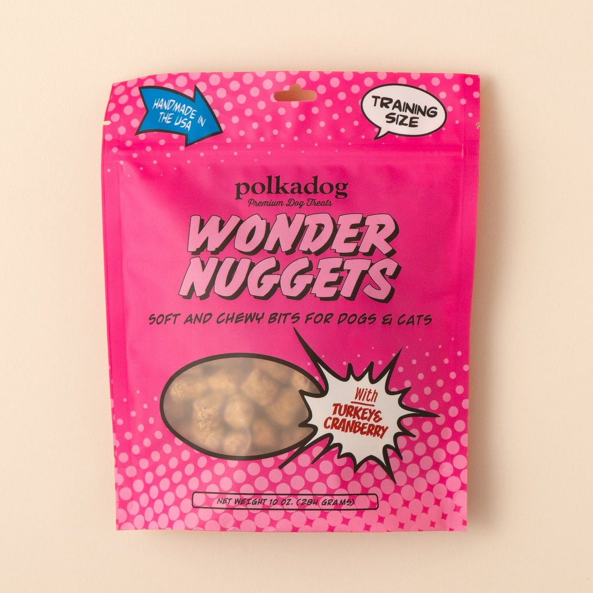Polkadog Wonder Nuggets Turkey & Cranberry dog treats pouch packaging on a beige background