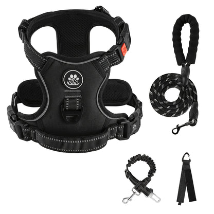 No Pull Dog Harness Set with Collar, Leash & Retractable Seatbelt – Reflective Adjustable Breathable Vest for Small to Large Dogs