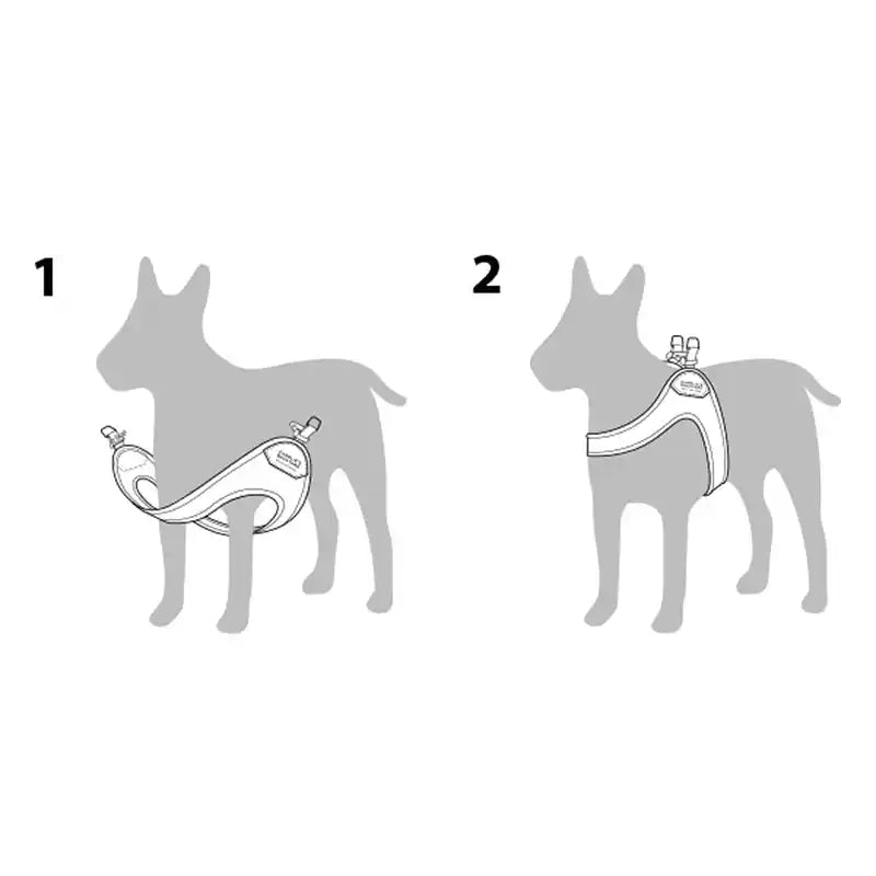 diagram showing how to put on charlie's backyard easy buckle harness
