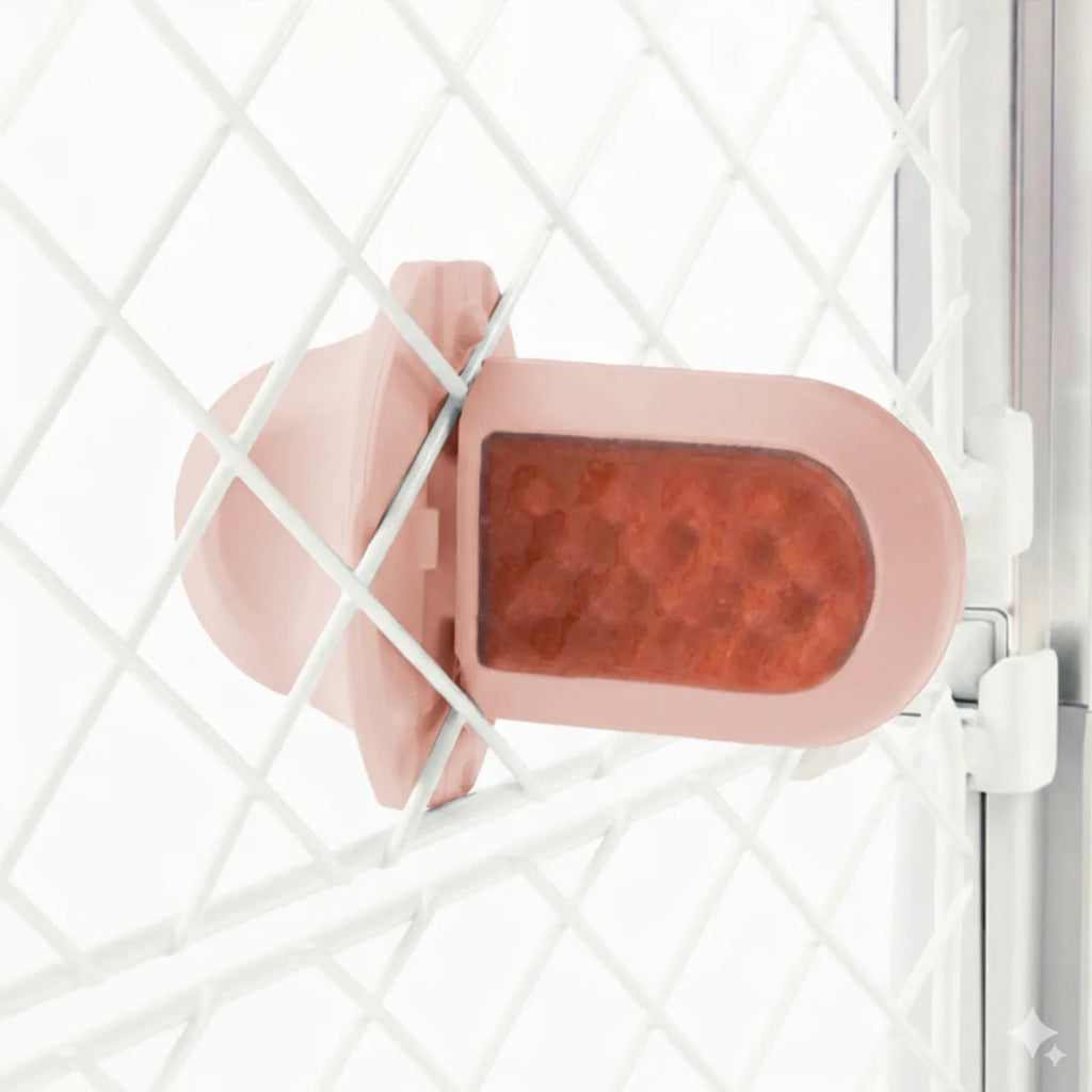 A blush pink Groov Training Aid attached to a white dog crate