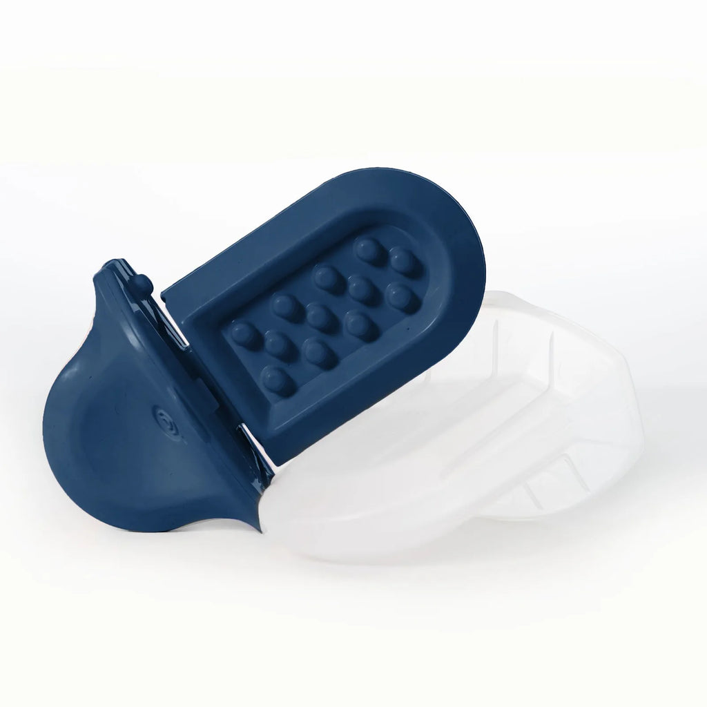 a royal blue Groov next to its freezer shell on a white background