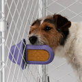 A dog licking a purple Groov Training Aid attached to a white dog crate for SHP-6903-0D24DD