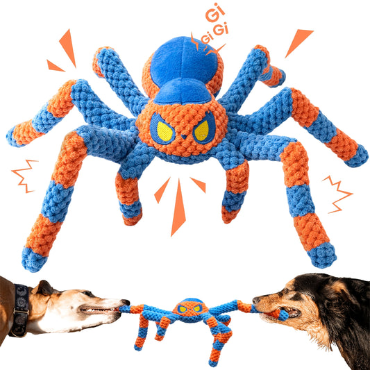 Squeaky Spider Dog Toy - Interactive Crinkle Tug of War Plush Dog Toy with Squeaker Head & Flexible Legs, Durable Large Dog Toys to Keep Dogs Busy, No Battery Needed, Red & Blue Spider Styles