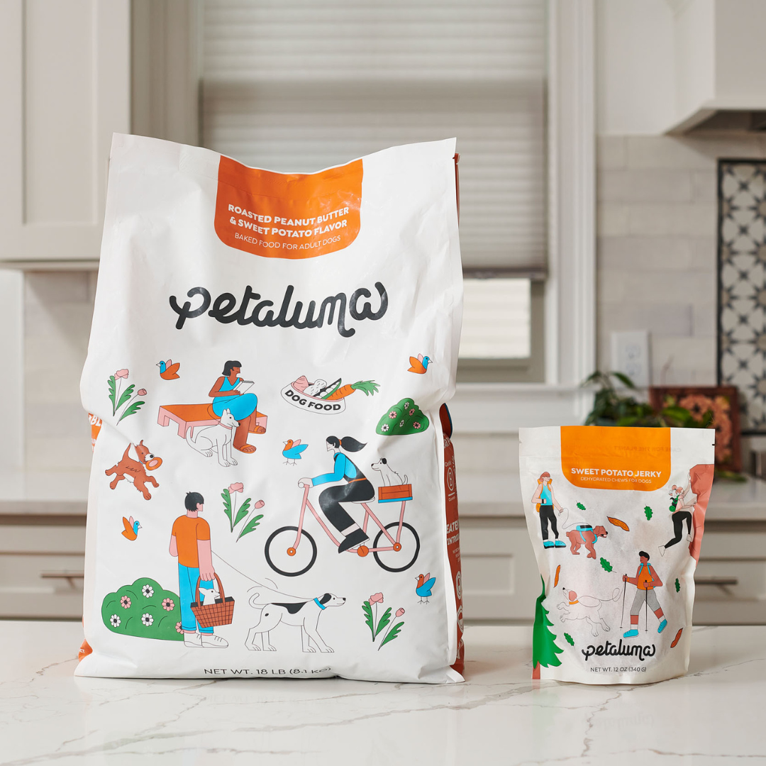 Petaluma adult food and Petaluma sweet potato jerky bags on a countertop