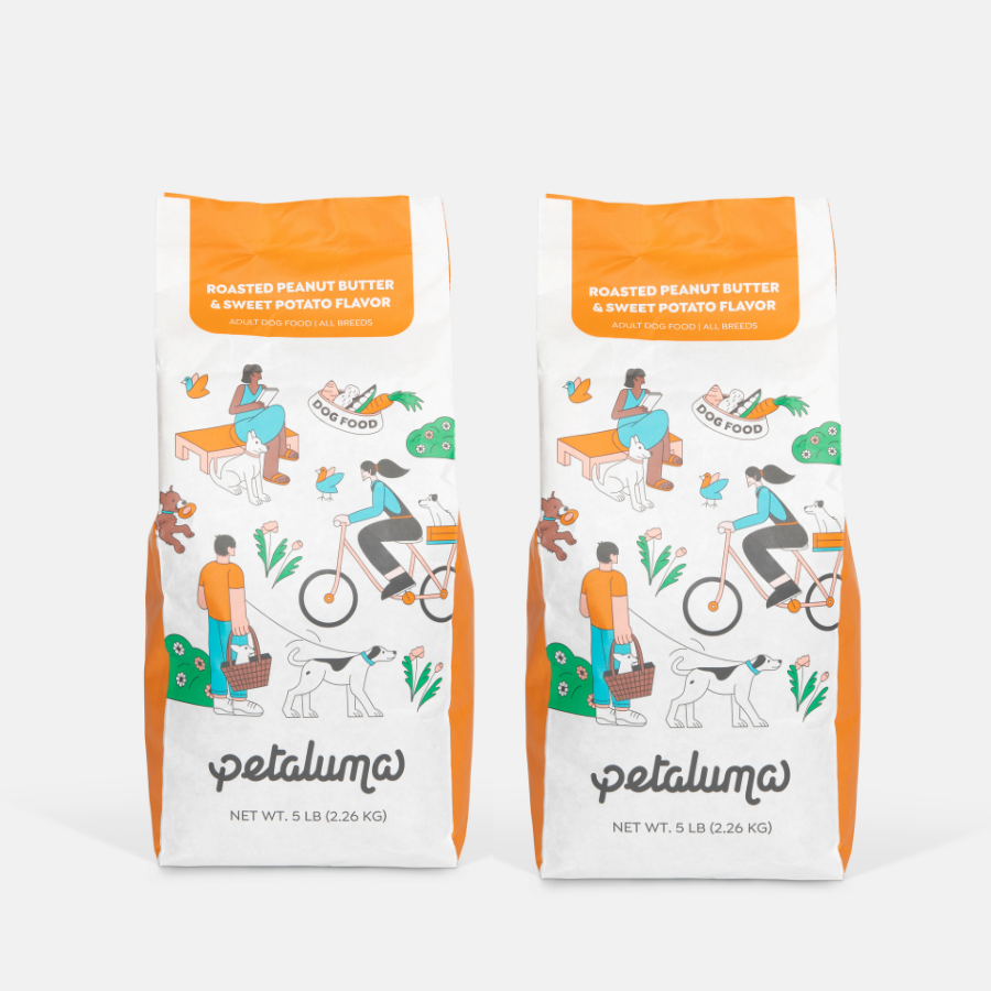 Two 5 lb bags of Petaluma roasted peanut butter and sweet potato adult dog food