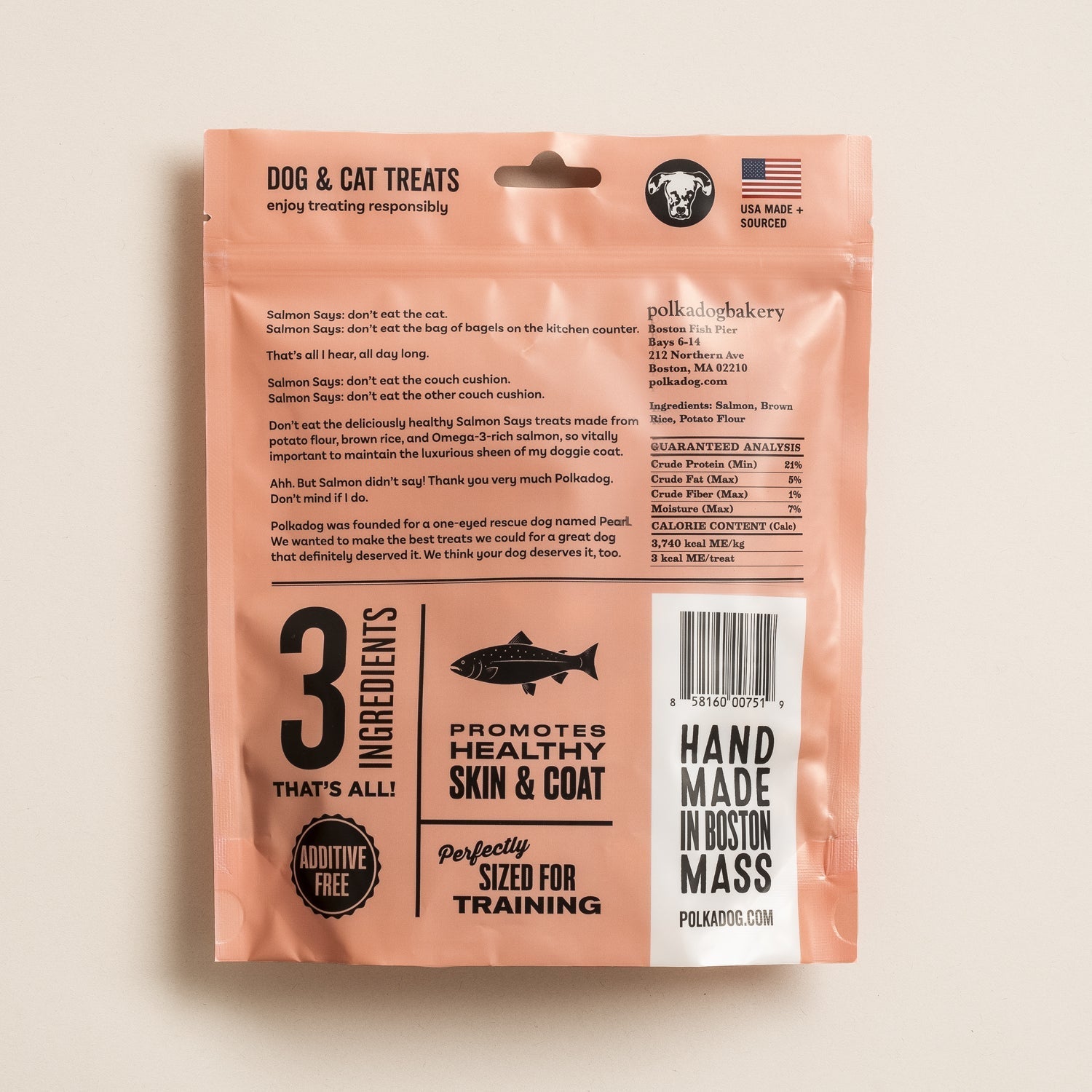 Back of the Polkadog Salmon Says Training Bits pouch