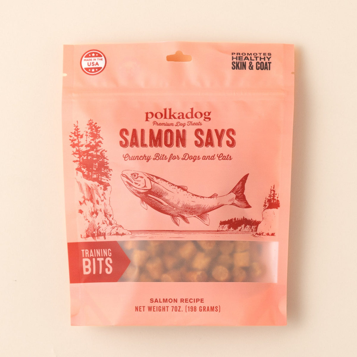Polkadog Salmon Says training bits dog treats packaging on a beige background
