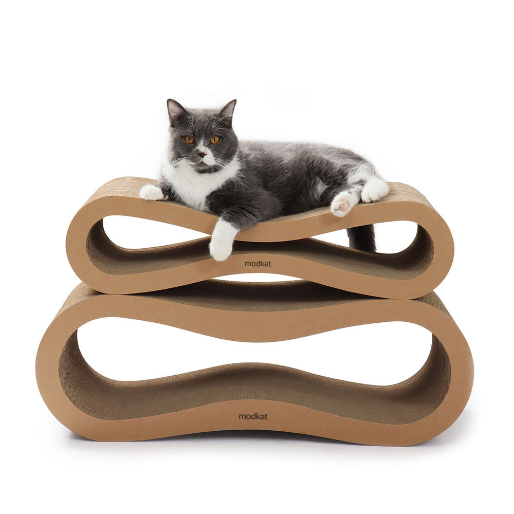 Scratchers stacked with cat chilling on top