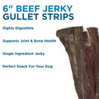 Three 5–6 inch Beef Jerky Strips for Dogs by Best Bully Sticks are shown beside text highlighting their benefits: easily digestible, naturally rich in chondroitin for joint health, single-ingredient treats, and a wholesome snack.