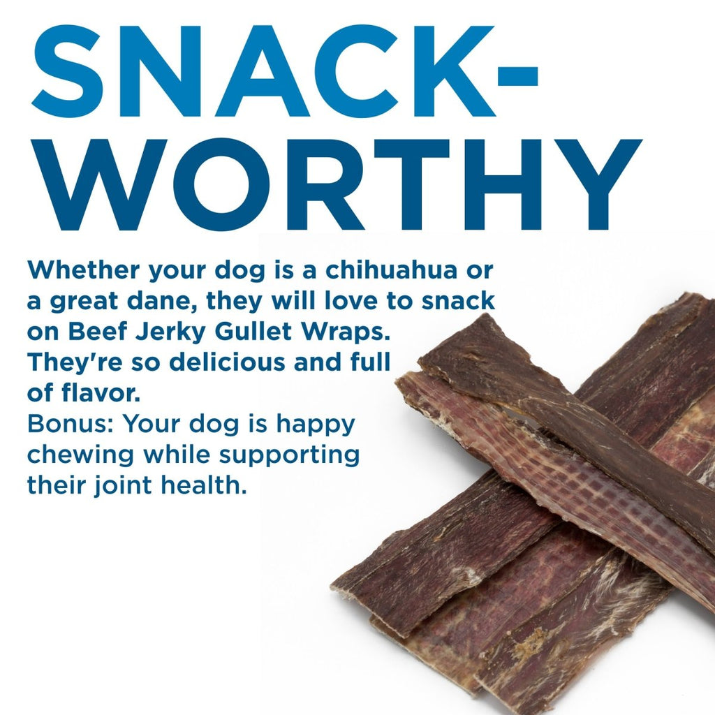 Two Best Bully Sticks Beef Jerky Strips for Dogs (5-6 inch) are displayed on a white background beside text showcasing their benefits as single-ingredient treats suitable for dogs of all sizes.