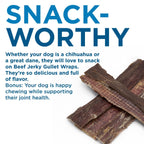 Two Best Bully Sticks Beef Jerky Strips for Dogs (5-6 inch) are displayed on a white background beside text showcasing their benefits as single-ingredient treats suitable for dogs of all sizes.