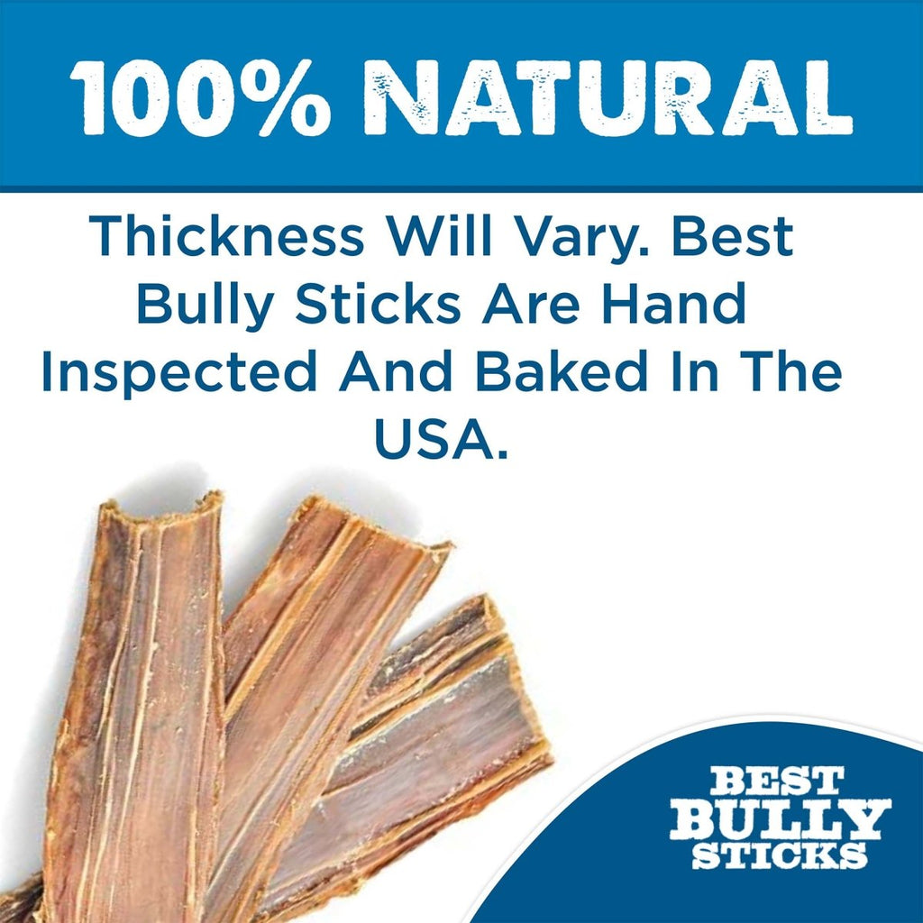 Three Best Bully Sticks Beef Jerky Strips for Dogs (5-6 inch) are shown next to text stating they're 100% natural, single-ingredient treats, hand-inspected, baked in the USA, and thickness may vary.