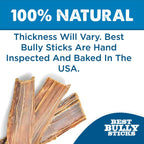 Three Best Bully Sticks Beef Jerky Strips for Dogs (5-6 inch) are shown next to text stating they're 100% natural, single-ingredient treats, hand-inspected, baked in the USA, and thickness may vary.