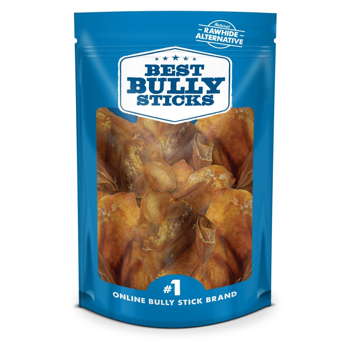 A resealable bag labeled "Best Bully Sticks" contains a 25-pack of Pig Ear Dog Treats, a natural, high-protein, rawhide alternative from the #1 online bully stick brand.