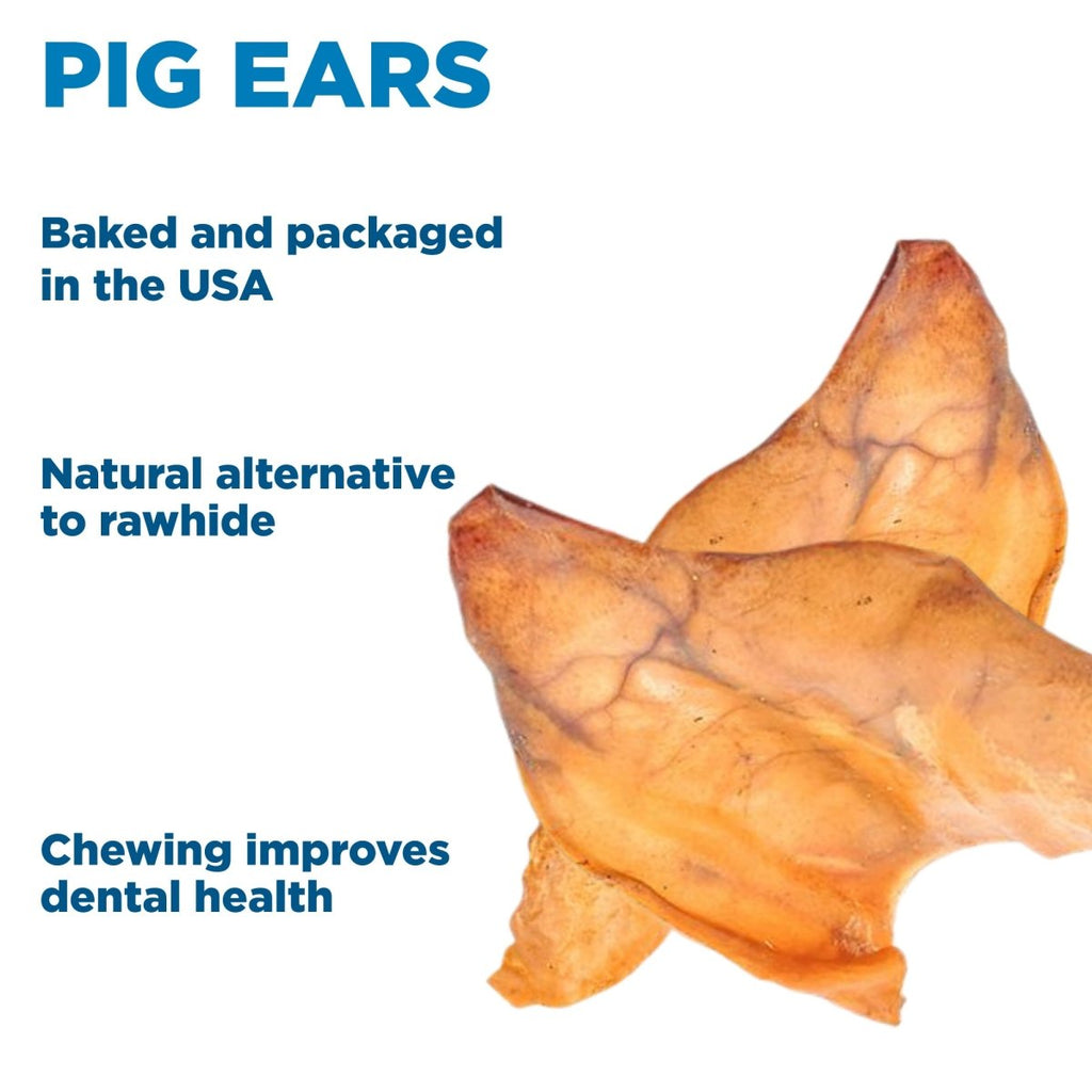 Two Best Bully Sticks Pig Ear Dog Treats (25 Pack) are shown, made in the USA, high in protein, a rawhide alternative, and support dental health for pets.