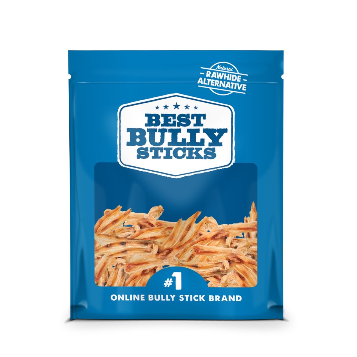 A blue bag labeled "Best Bully Sticks" contains Duck Feet Dog Treats (25 Pack), a protein-rich rawhide alternative and dental dog treat from the #1 online bully stick brand.