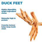 Best Bully Sticks Duck Feet Dog Treats (25 Pack) are shown on a white background, with text highlighting their digestibility, high protein, and crunchy texture—making these dental treats a tasty way to support your dog's health.